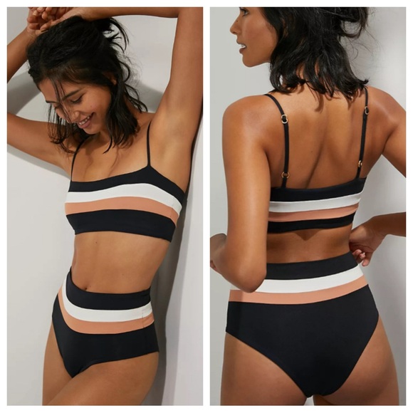 NWT! L*SPACE REBEL TOP and Portia Stripe Bikini Bottom IN BLACK/CREAM/CHESTNUT - Picture 1 of 6